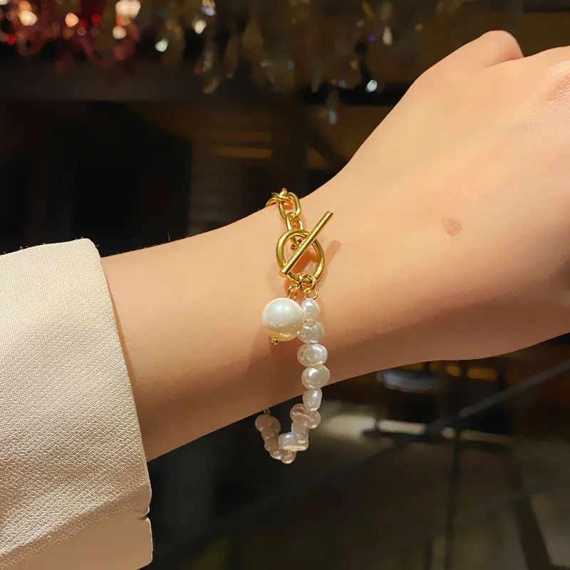 Korean Simple Stainless Steel Pearl Heart Butterfly Cuban Bracelet Women Gold Plated Letter Star Moon Bracelet