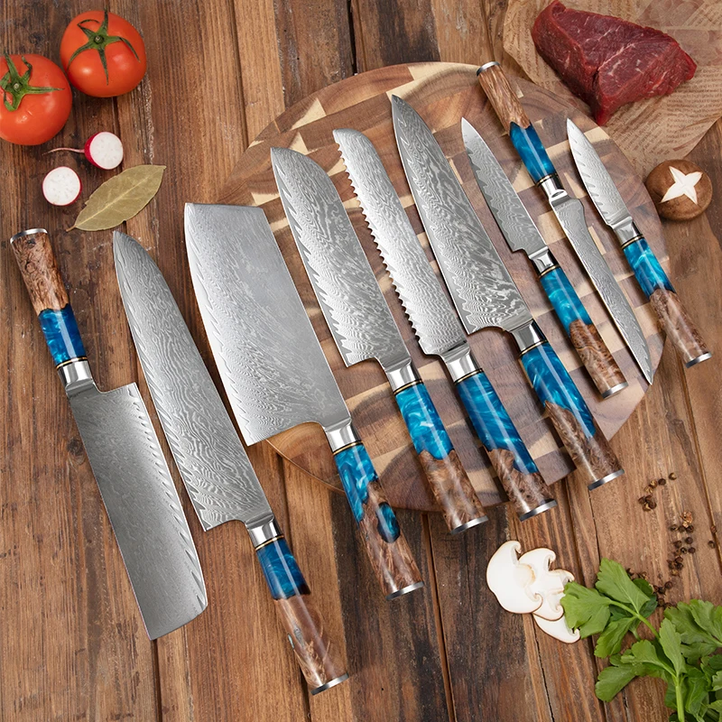 Resin Handle Damascus Steel Kitchen Japanese Nakiri Santoku Cleaver Chef Knife Set in Gift Box