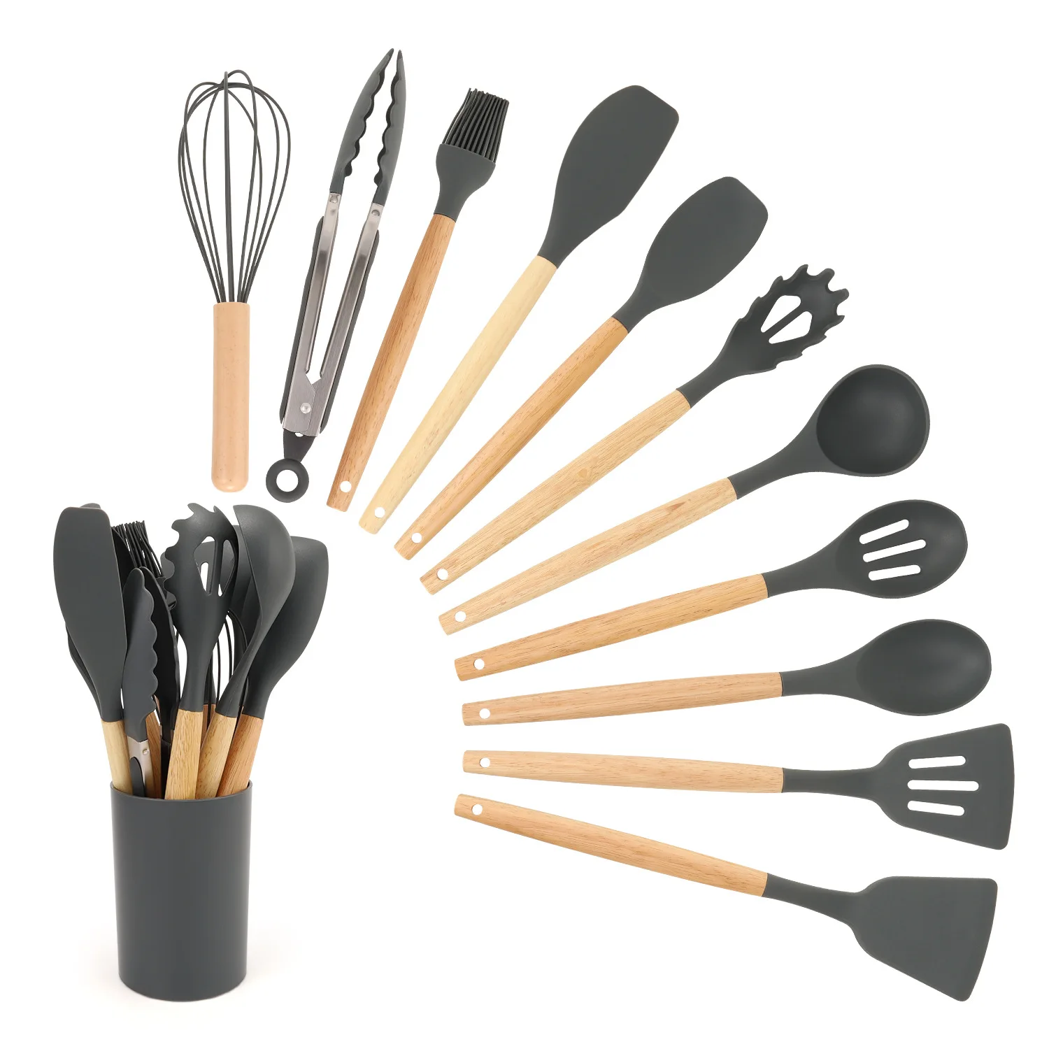 Complete Kitchen Utensil Set 12 Piece Non-Stick Cooking Silicone Kitchenware Kit kitchen utensils Wooden Handle
