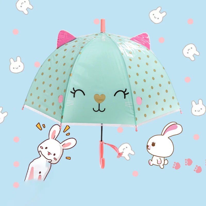 DD1432  Cartoon Animal Clear Stick PVC Rain Proof Umbrella J Handle Students Kids Transparent Ears Umbrella