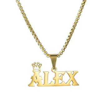 Stainless Steel Name Necklace Custom Crown Letter Pendant Gold Plated Personalized Jewelry Square Pearl Chain Initial Necklaces