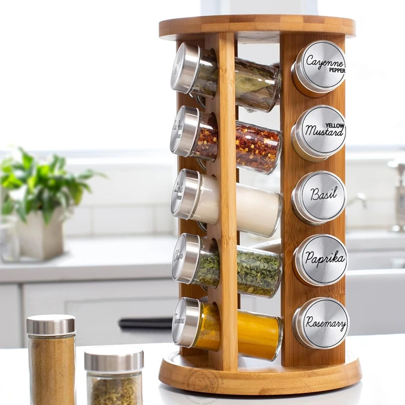 Premium Bamboo Rotating Spice Rack 20 Jars Revolving Spice Rack Tower Organizer for Kitchen