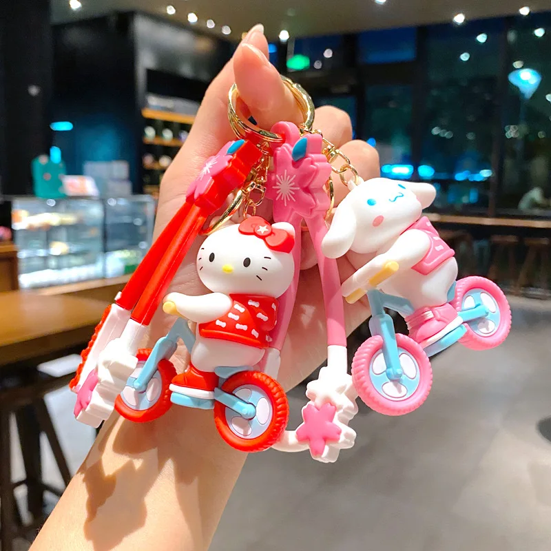 2024 New Creative Kawaii Sanrios Bicycle Riding Keyrings Cute Cartoon Kuromi Melody Bike Keychain