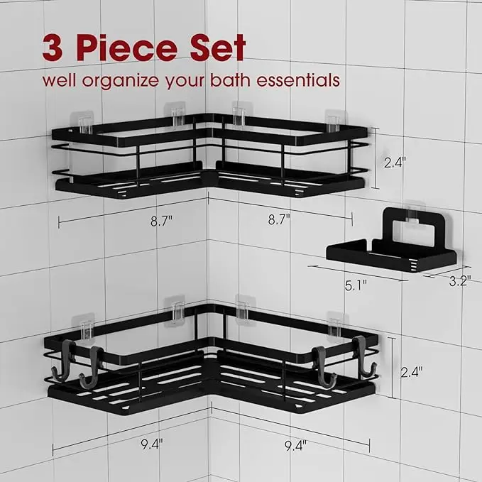 3 Piece Set Corner Shower Shelves with Hooks & Soap Holder