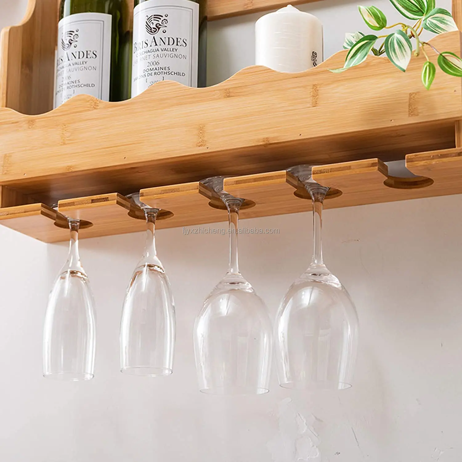 product wood wine bottles holder wall mounted bamboo wine rack with hanging stemware glasses set-0