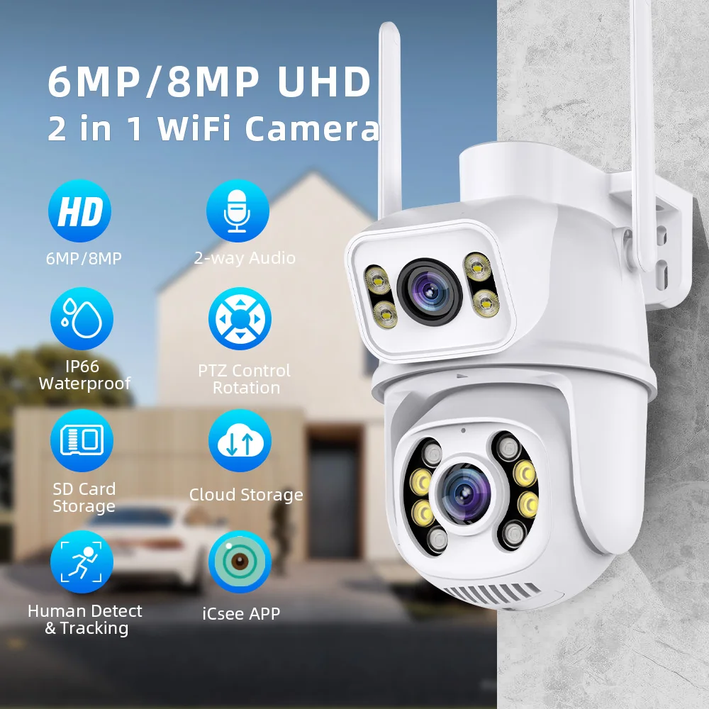 6MP 8MP Outdoor Dual Lens Wireless ip Camera cctv ICsee Wifi dual ball machine linkage Camera 4K Dual Lens ptz Network Camera