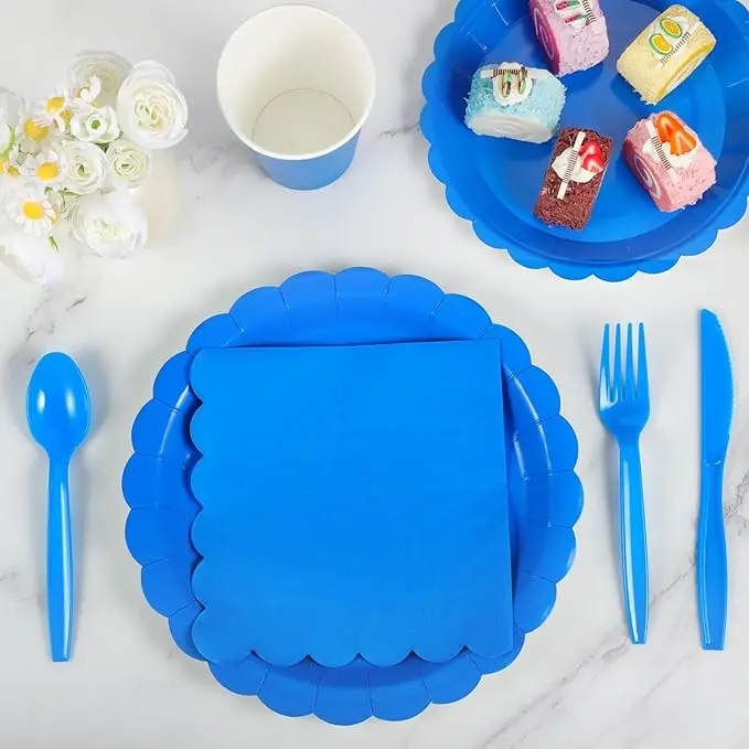 Lace Edge Blue Theme Party Tableware Set Solid color Birthday Party Decorations Pure color Disposable Paper Plates And Cups