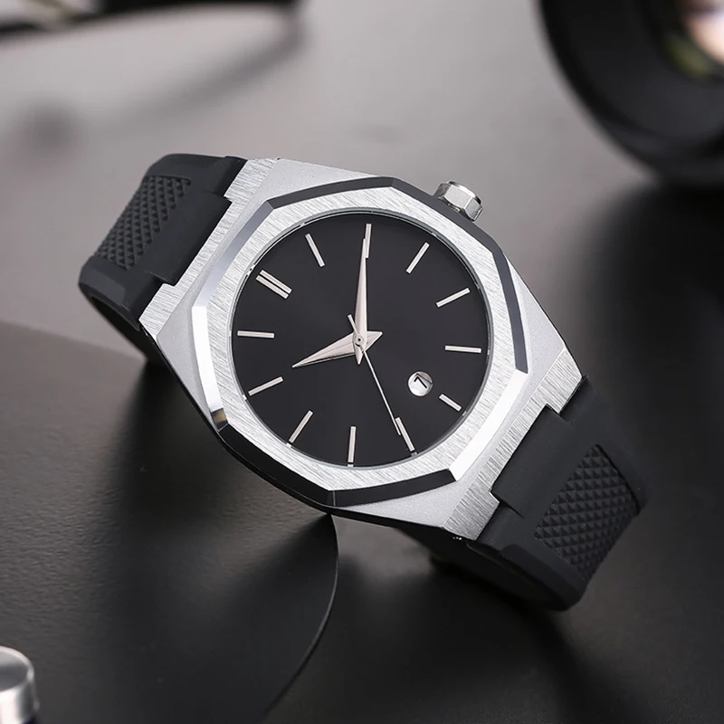 Wholesale Mens Comfortable Silicone Strap Sport Wrist Watch Date Display Octagon Alloy Quartz Watches Fashion Watch