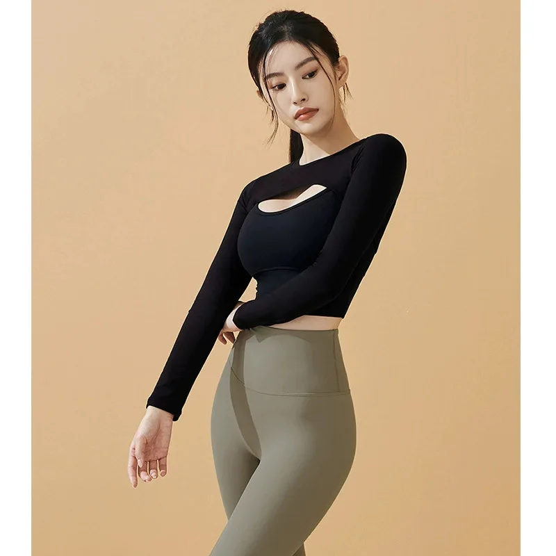 Girls ins fashion sports long sleeve yoga top set combination sexy yoga small undershirt real two pieces fitness clothing