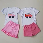 Summer Girl Set Girl Outfit Set 2020 Latest Baby Summer Boutique Fire Truck Applique Outfit Girl Ruffle Short Set