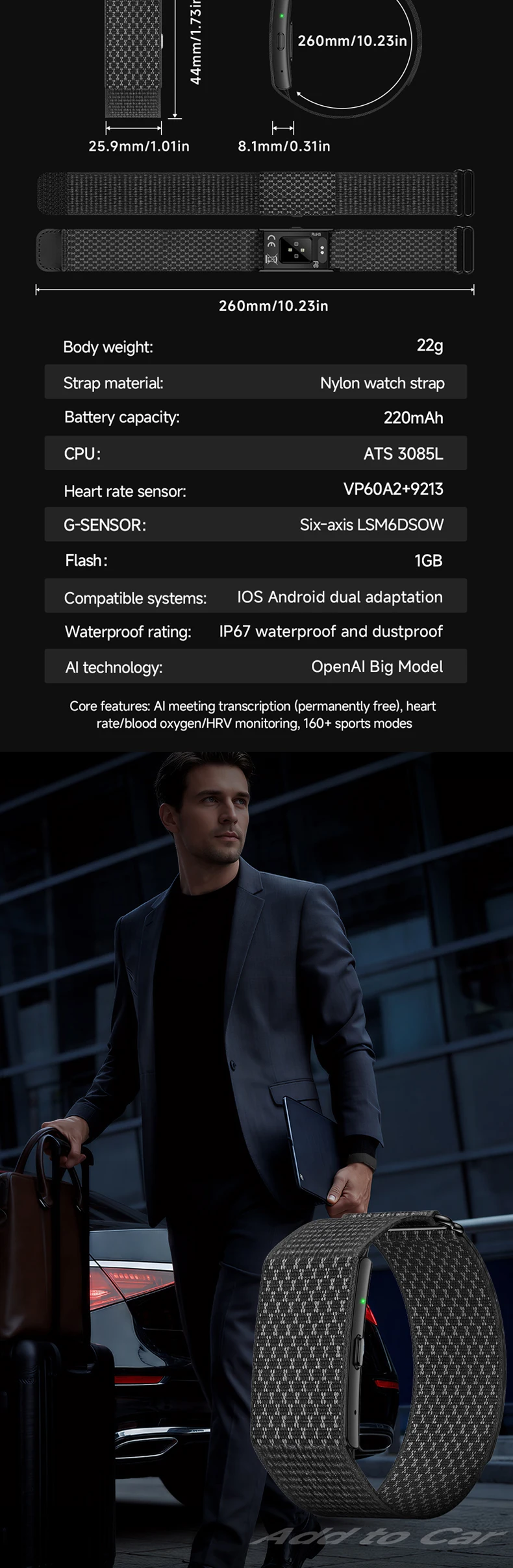 product 2026 smartwatch bracelet voice dictation ai summarization fitness tracker heart rate sleep monitoring bt53 smart bracelet es100-6