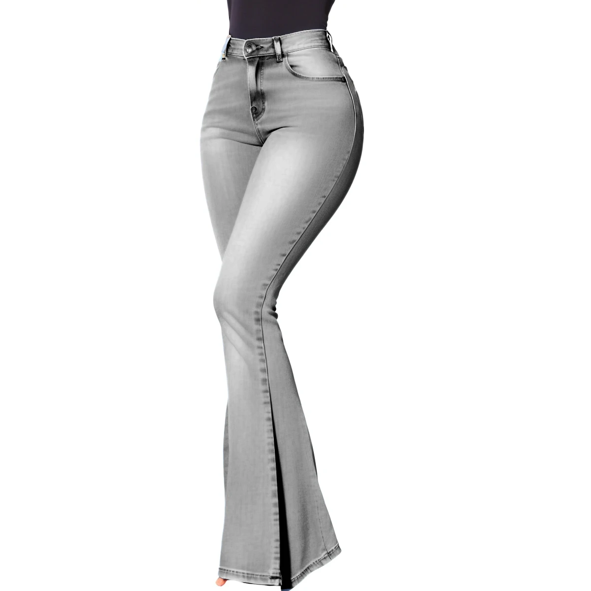 Sexy High Waist Flared Pant Lady Buttocks Bell Bottom Denim Jeans Button Fly Pant Women Denim Jeans Skinny Elastic Stacked Jeans details