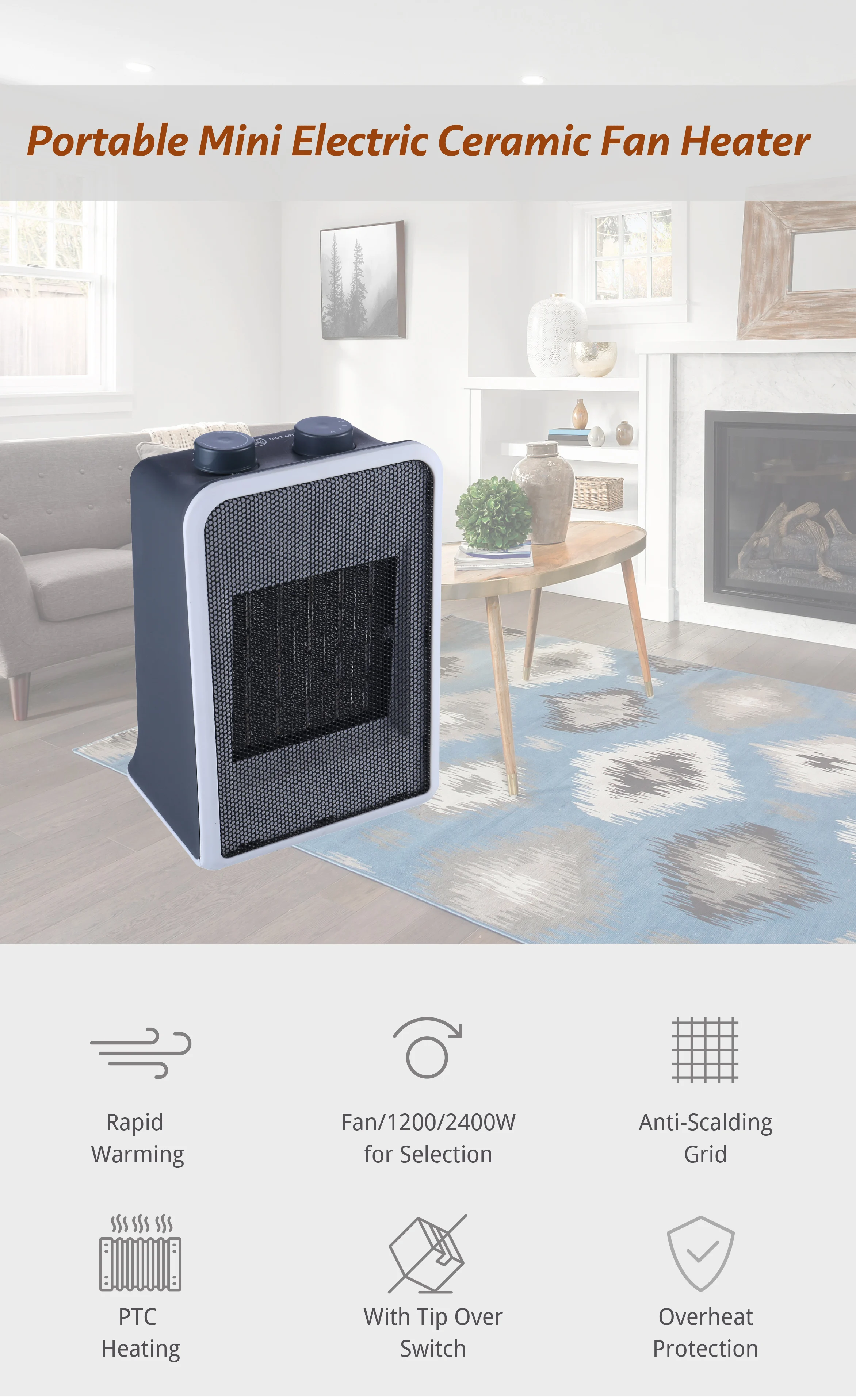 Ptc Ceramic Portable Heater, 2400W, 2400 W, Plastic - detail 6