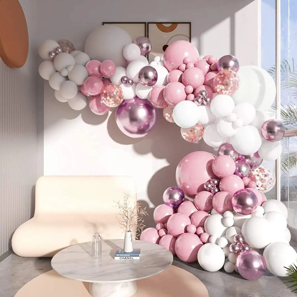 Pink White Balloons Garland Arch Kit 104 Pcs Metallic Pink Latex Balloons for Baby Girl Birthday Wedding Party Decoratiions