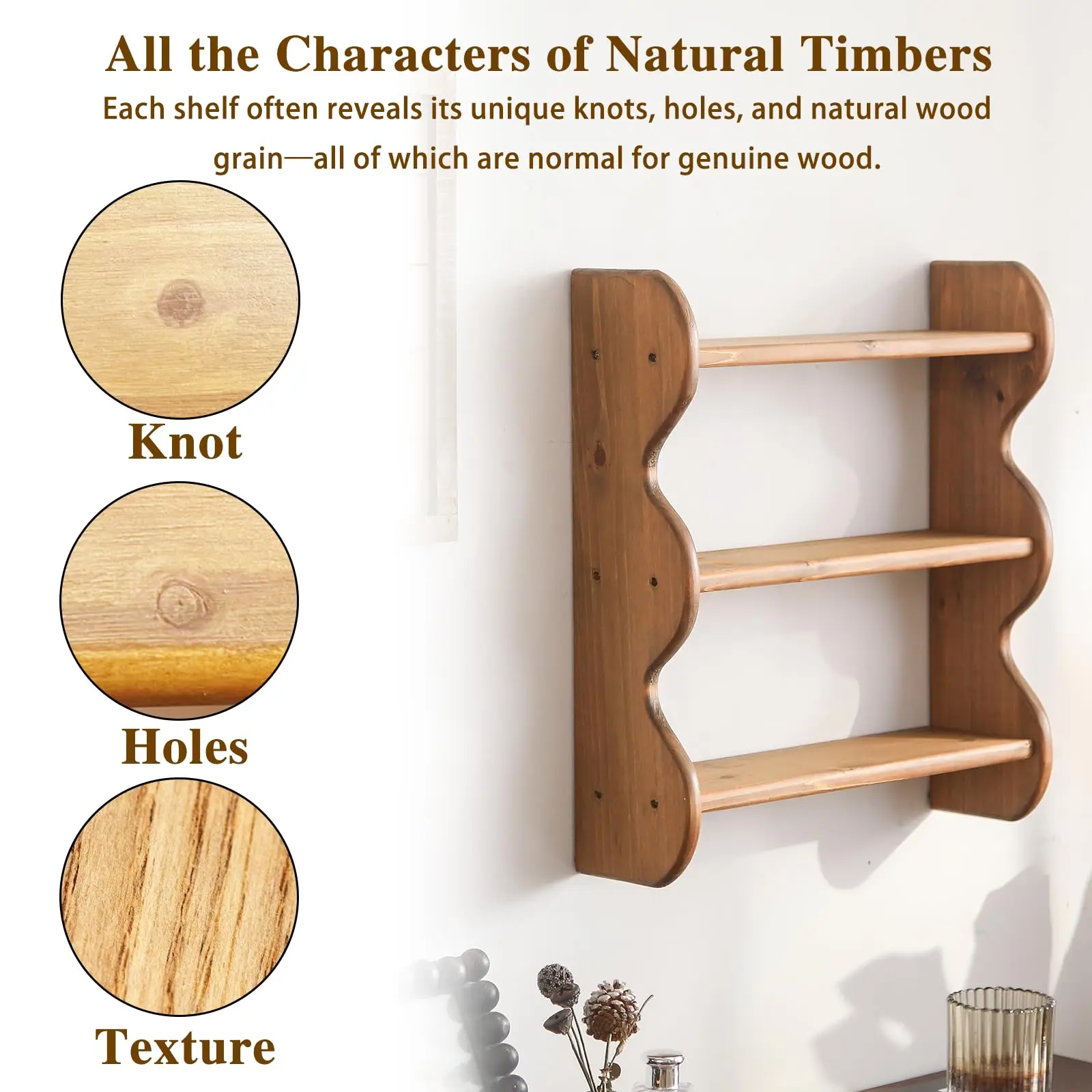 product wood floating wall shelf farmhouse wall mounted storage rack wavy edge display rack 3 tier rustic hanging storage shelf-8