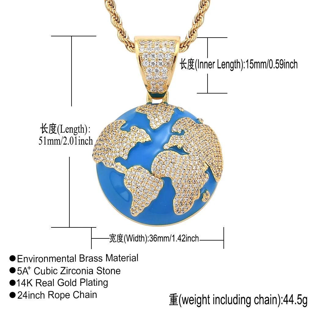 bling bling hip hop copper setting zircon gold plated enamel globe necklaces jewelry,men women custom diamond necklace pendants
