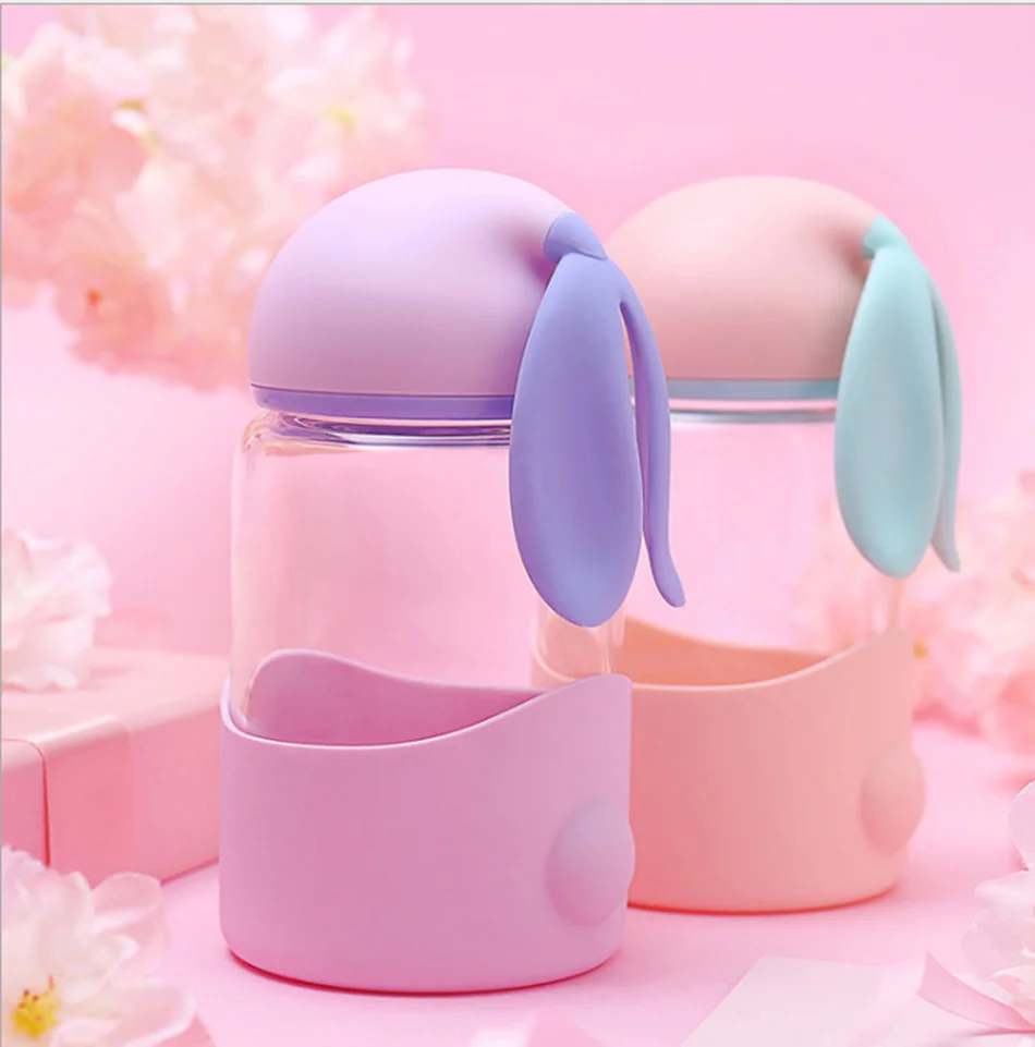 Cute Water Bottle Cartoon Rabbit Glass Bottle with Silicon Sleeve for Kids Student Girls Portable Drink Tea Bottle