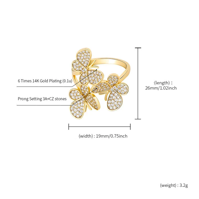 france jewelry students choose hyperbole 14k real gold plated never fade butterfly shape ring women sterling silver hip hop ring