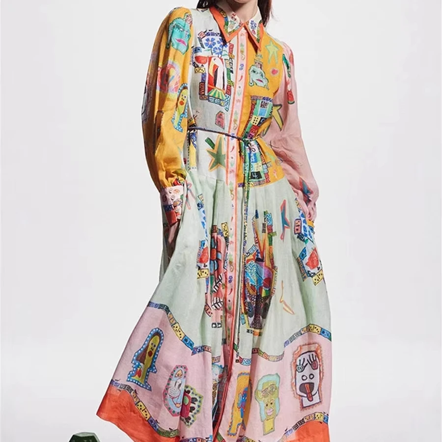 25 Spring and Summer Australia Special-Interest Fashion Brand Cool Contrast Color Printed Loose Lace-up Shirt Long Dress