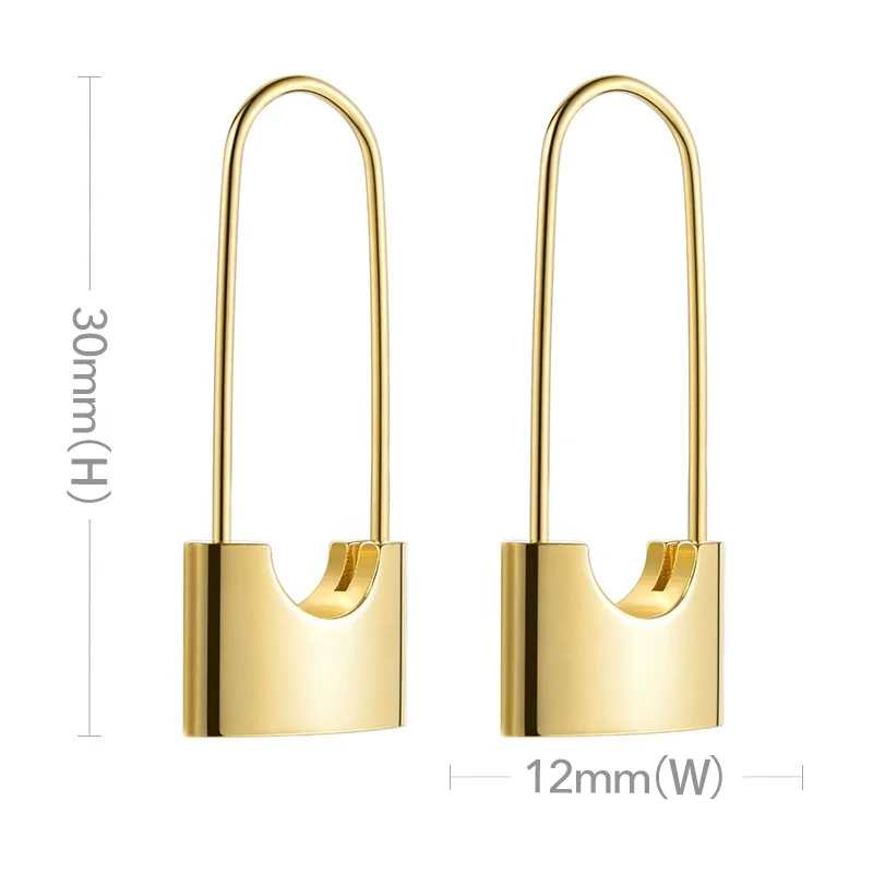 High Quality 18K Gold Plated Stainless Steel Jewelry Paper Clip Solid Lock Safety Pin Hoop Earrings E5282