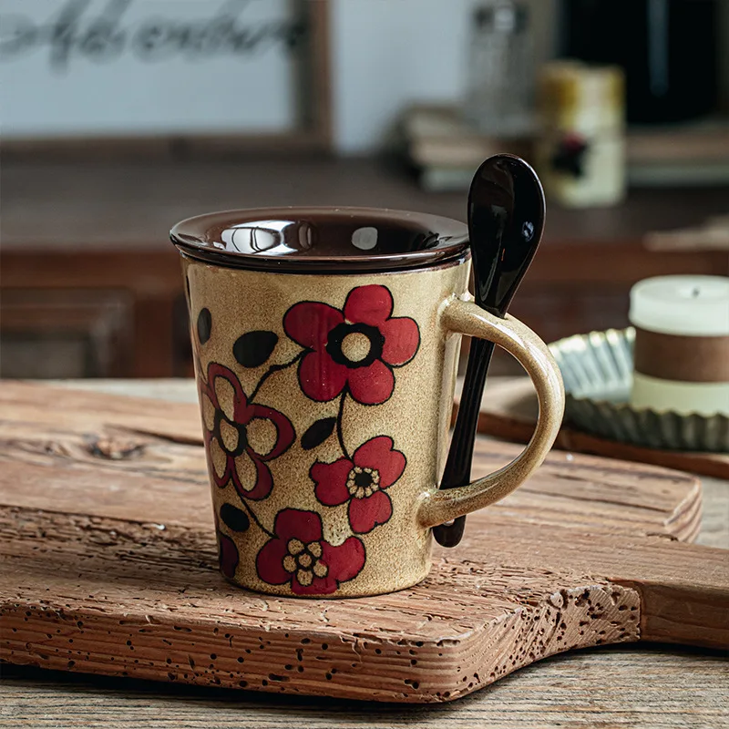 Handmade colored Nordic Red flower ceramic coffee mug with cover spoonn