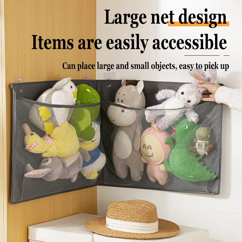 Hanging Stuffed Animal Storage bag Large Plush Toy Organizer with Hooks Kids Toy Storage Pockets Mesh