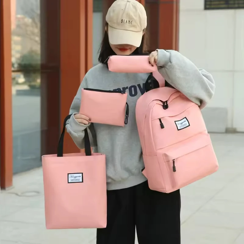 Pink Green Black Red White 4pcs Girls Back Pack Set Children Handbag Stationery Bag Canvas School Bags