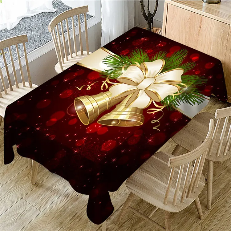 H154 Xmas Decoration Deer Bell Cartoon Pattern Printed Tablecloths Polyester Waterproof Rectangle Christmas Table Cloth