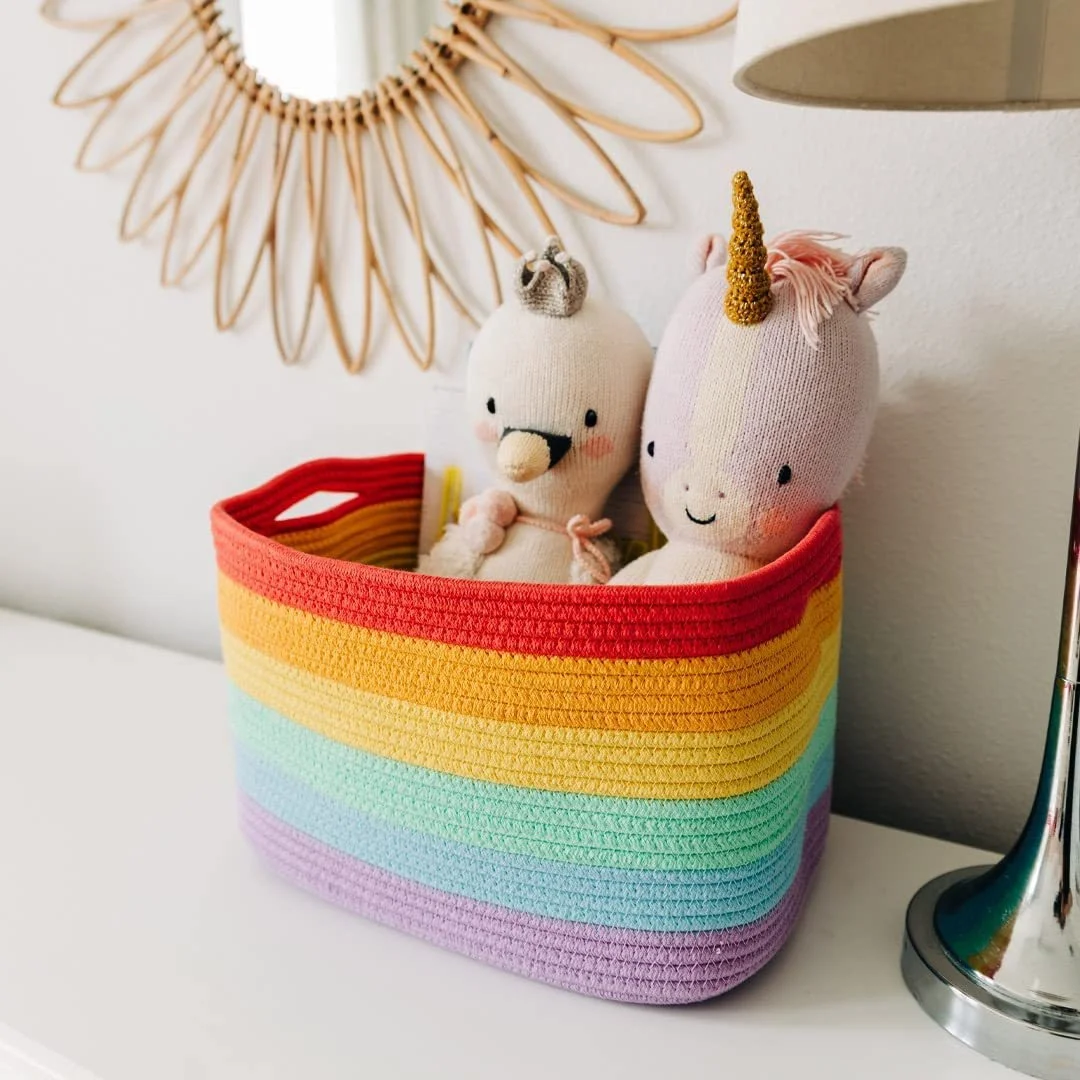 Color cotton rope rainbow basket collapsible clothes toys containers woven baskets For kids room storage basket
