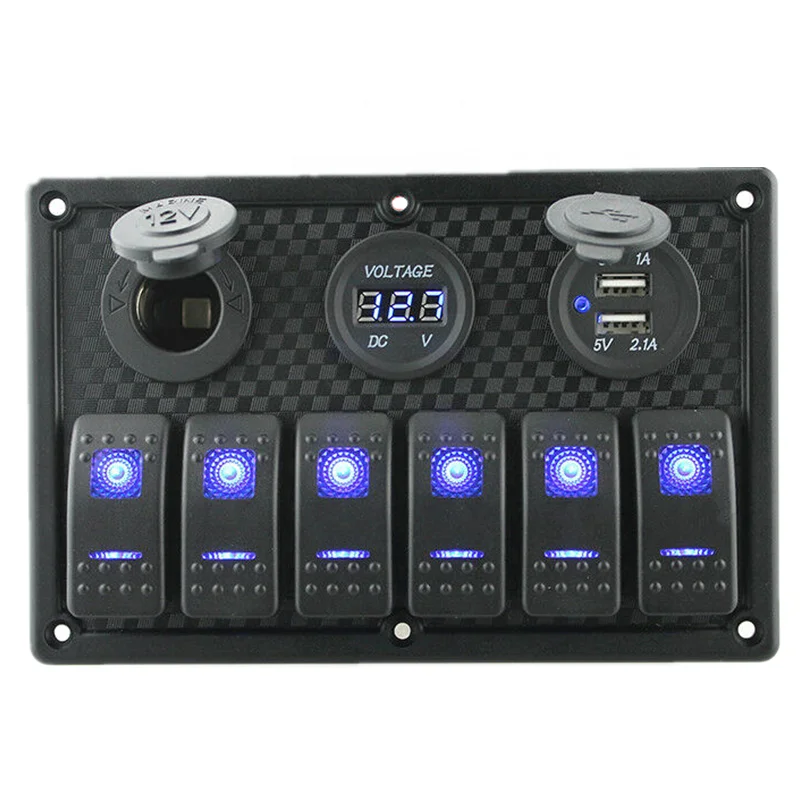 6 Gang Waterproof Boat Marine Switch Panel With Voltmeter Dual USB