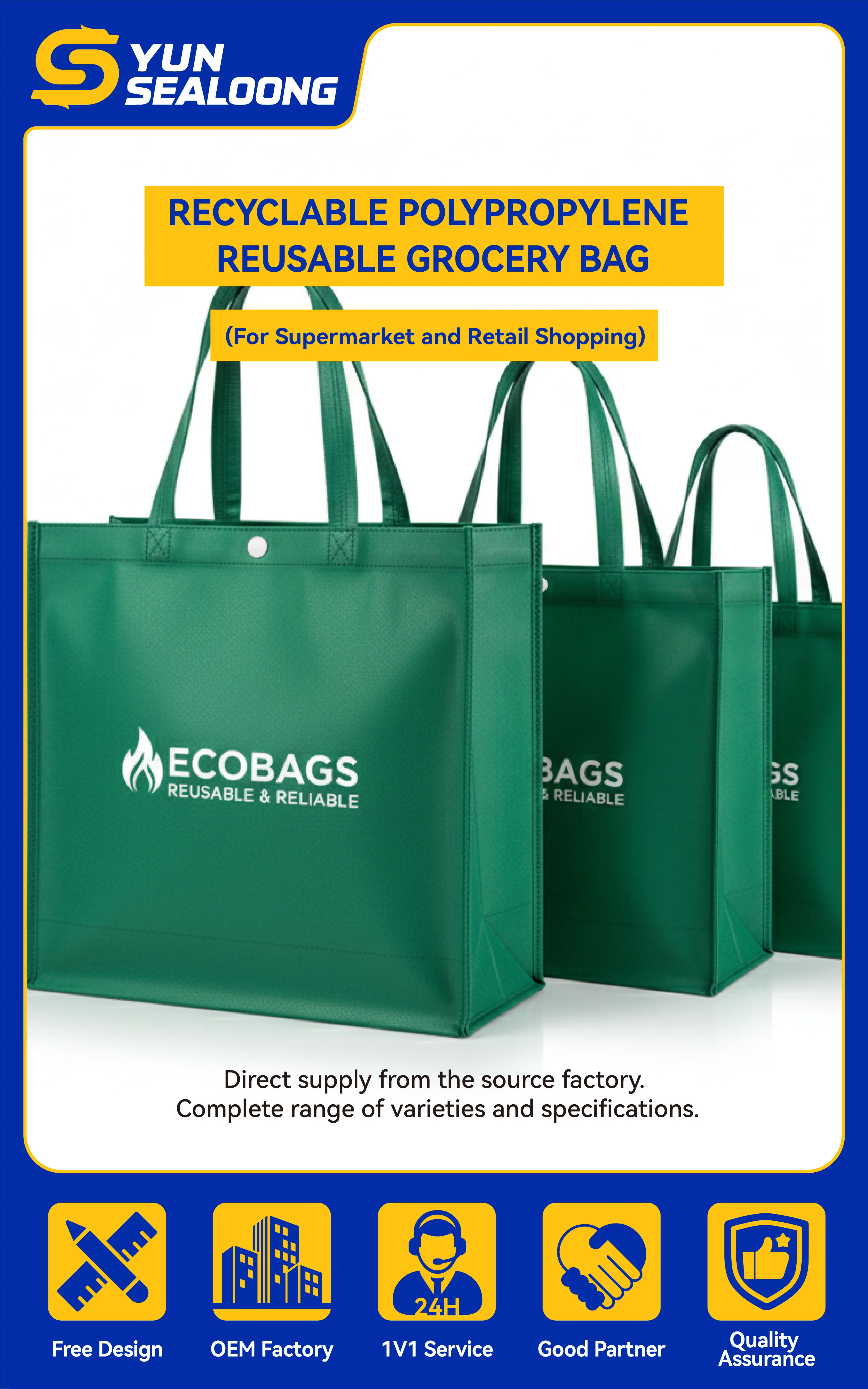 Custom Design Reusable Non-Woven Grocery Bag for Supermarket and Retail Shopping Screen Printed Logo Convenient Handle Sealing