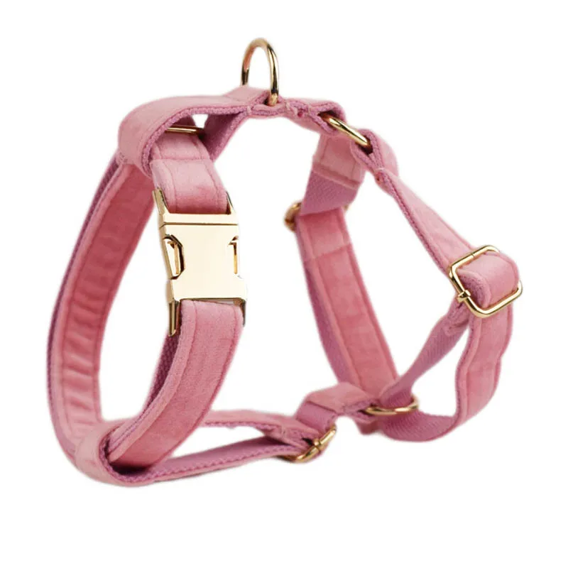 Pink Velvet Dog Harness Personalized High Quality Durable Dog Collar with Gold Metal Buckles
