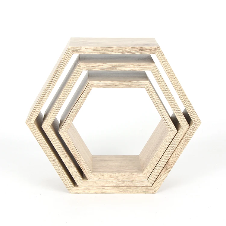 Natural Wooden Wall Mounted Hexagon Floating Shelves Wooden Wall