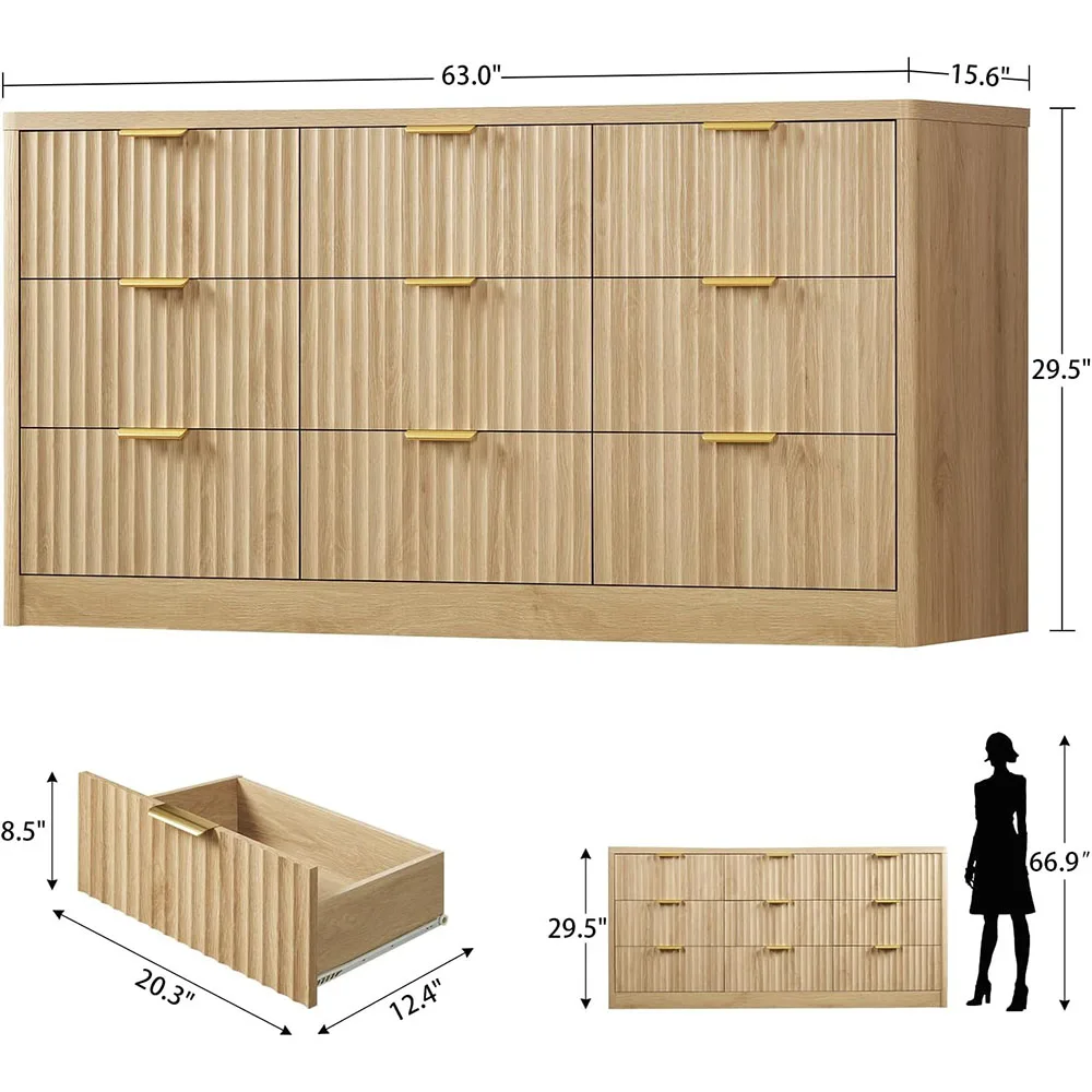 product nu deco fluted modern dresser 9 drawers 63 wide wood with metal handles mdf panel for bedroom living room storage-8