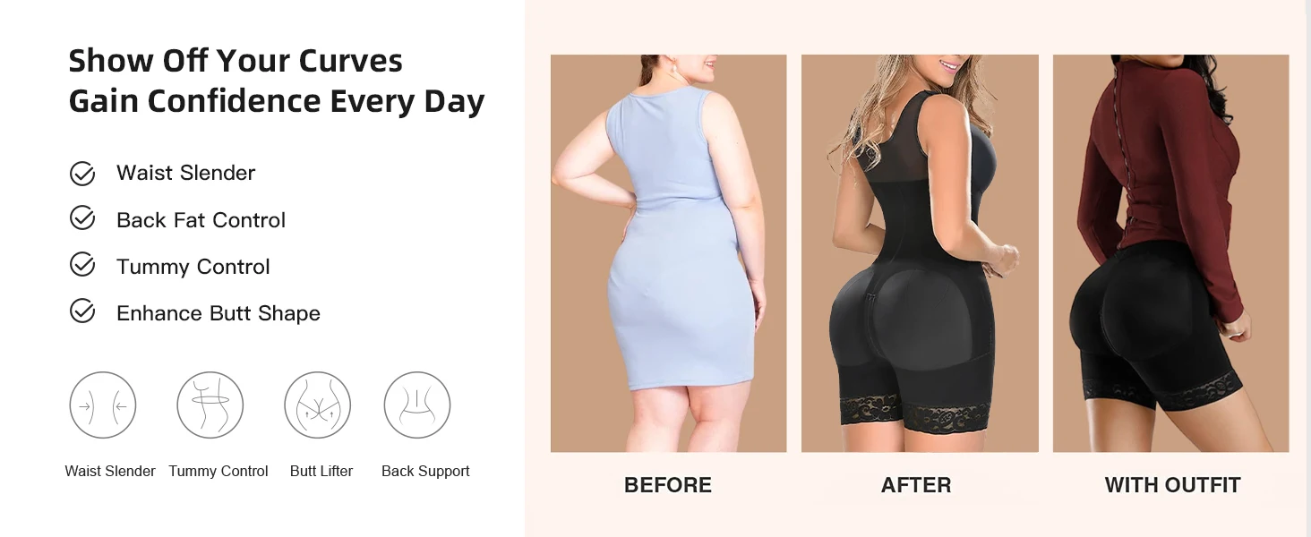 HKRXEC Zip-Front Mid-Thigh Tummy Control Shaping Bodysuit