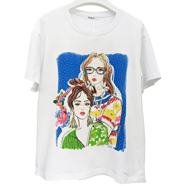 T-7583 New 2024 European Summer Short Sleeve Girl's Character Print T Shirt Women's T-shirts Tee Clothes