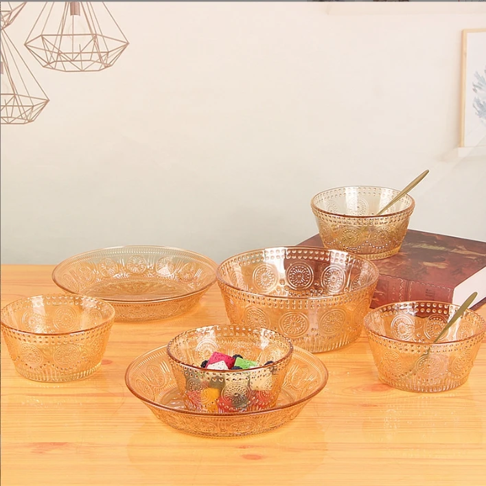 370ml Glass bowl with sunflower engraved pattern food serving salad bowl high quality glass fruit bowl for Middle East market
