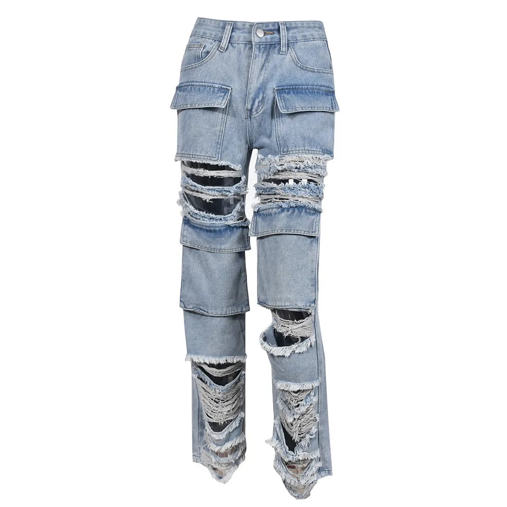 Fashion Pocket Stitching Hollowed-Out Hole Beggar Style Street Casual Straight High Waist Jeans details