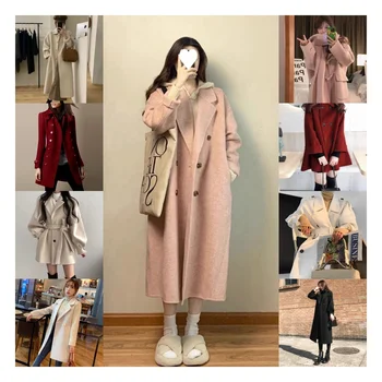 European and American mid-length Korean version wool lapel is thin and solid color slim women's woolen coat