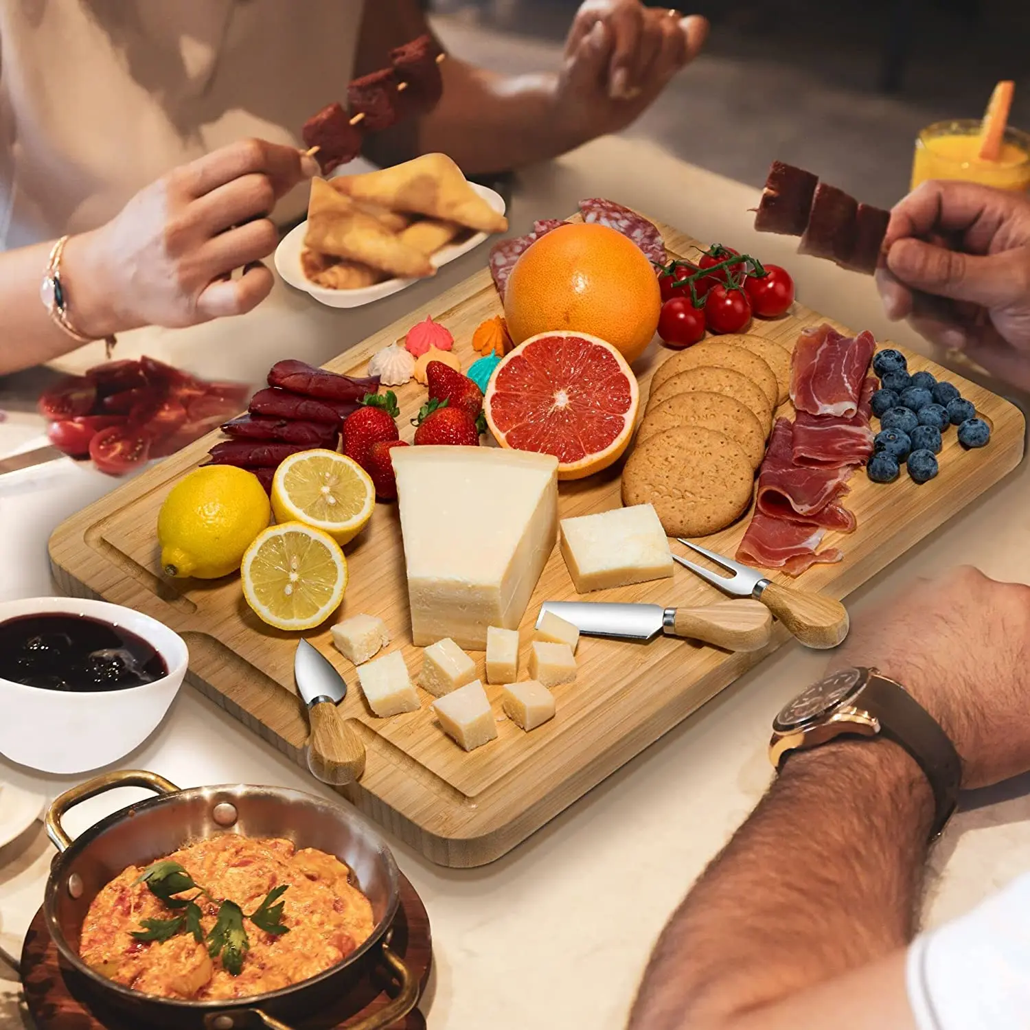 product unique rectangle bamboo charcuterie board set includes magnetic knife set for cheese and cutting gifts-5
