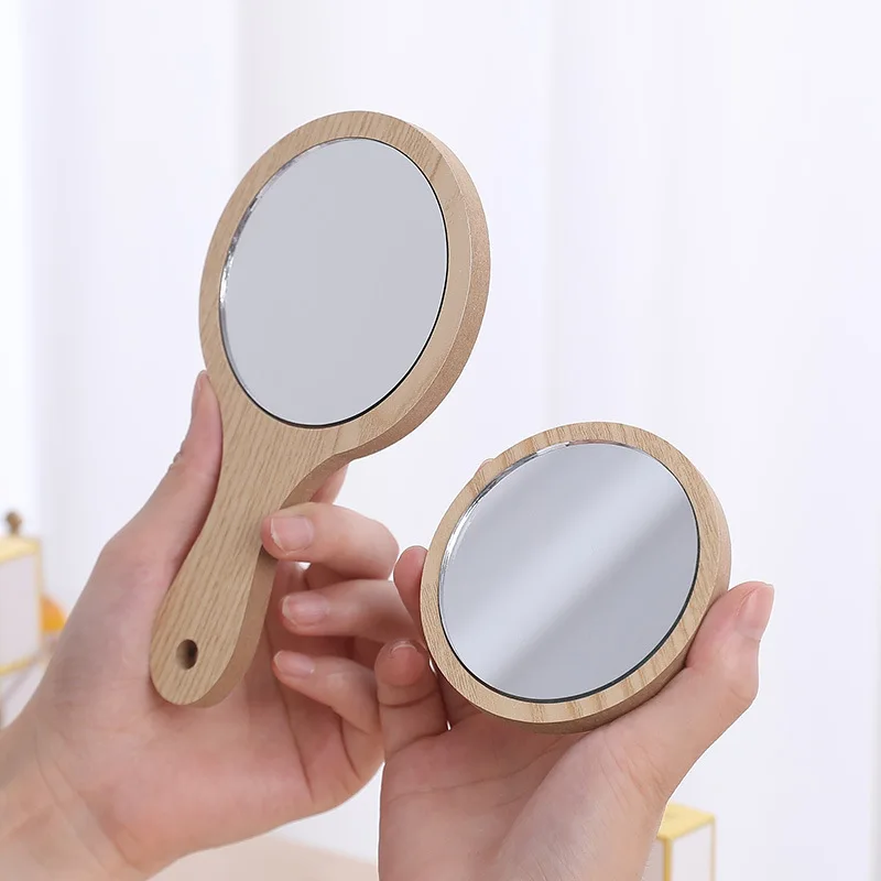 Wholesale Hand-held wooden beauty mirror portable handle dressing mirror round small mirror