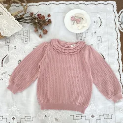 2023 new girls' cotton knitted top double-layer lotus collar solid color hollow-out sweater