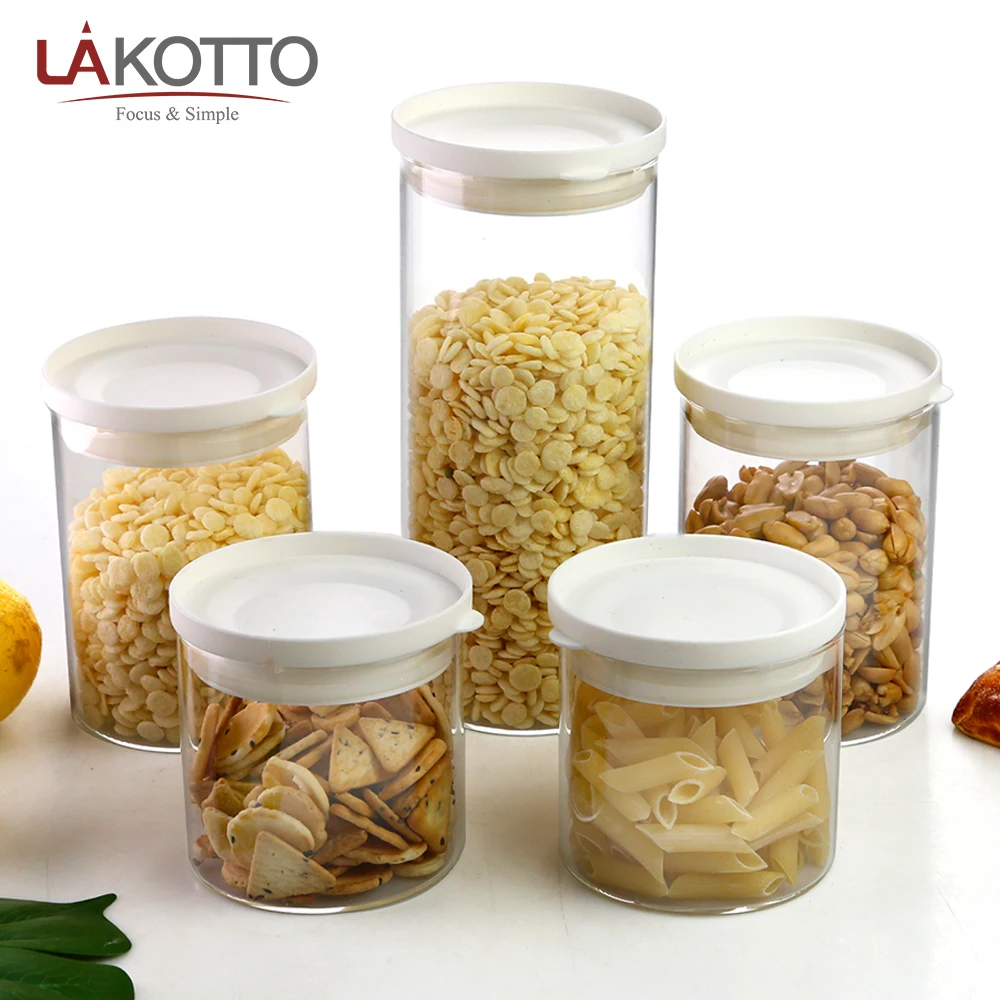 Eco-friendly Lead Free High Borosilicate Glass Storage Pantry Jar Canister With PP Lid 5pcs Set For Kitchen