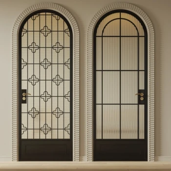 ALUFRONT Arched French Retro Interior Door Narrow Black Frame, Glass Aluminum Alloy Window Door for House Entrance Design