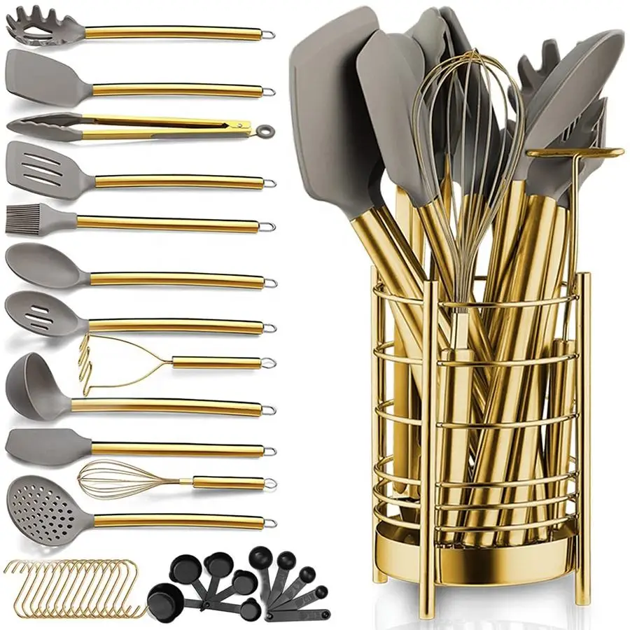 33-Piece Stainless Steel and Gold Silicone Kitchen Utensil Set with Holder for Food Preparation and Cooking