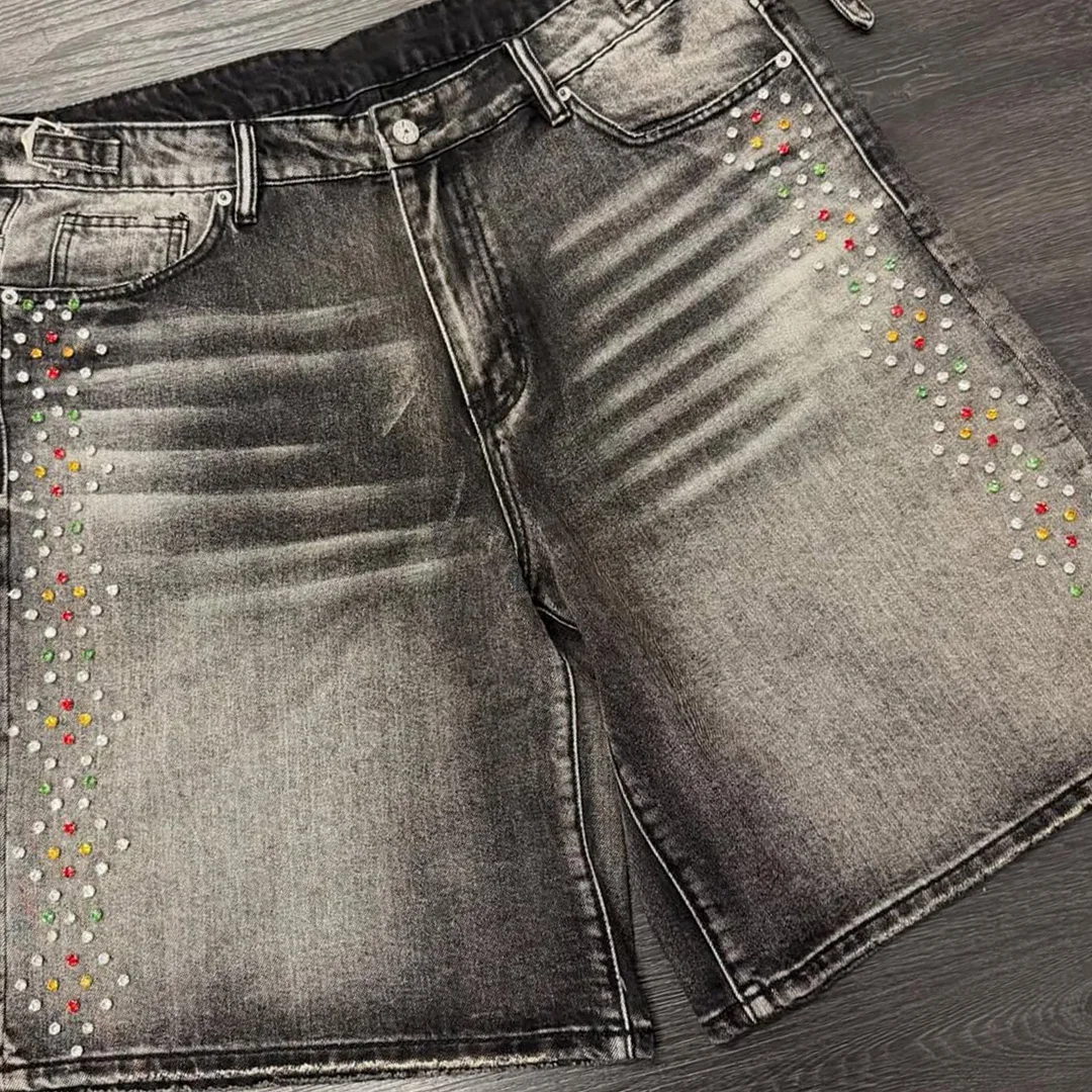 product high end custom street color rhinestone dtg digital print denim shorts hotfix rhinestone embroidery men retro washed shorts-4