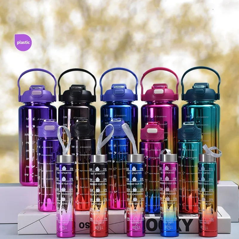 3pcs/set New 2L motivational water bottle botella de agua termos de agua gym plating water bottles with time marker plastic cups