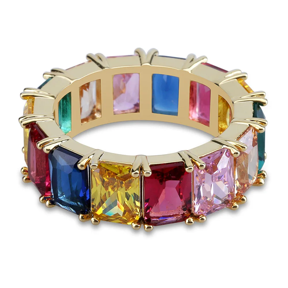 Baguette Colorful CZ Zircon Stone Rainbow Gold Silver Rings for Women Fashion Wedding Engagement Jewelry multi color women ring