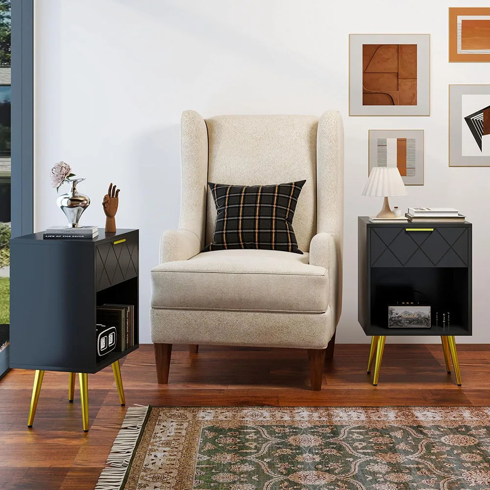 Modern Style Black Nightstand with Open Wood Shelf and Gold Legs Bedside Table Storage Dresser for Living Room Bedroom supplier