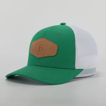 BSCI Custom High Quality Men Premium 6 Panel Green Cotton Twill Leather Patch Logo Mesh Gorras 112 Trucker Cap Hat